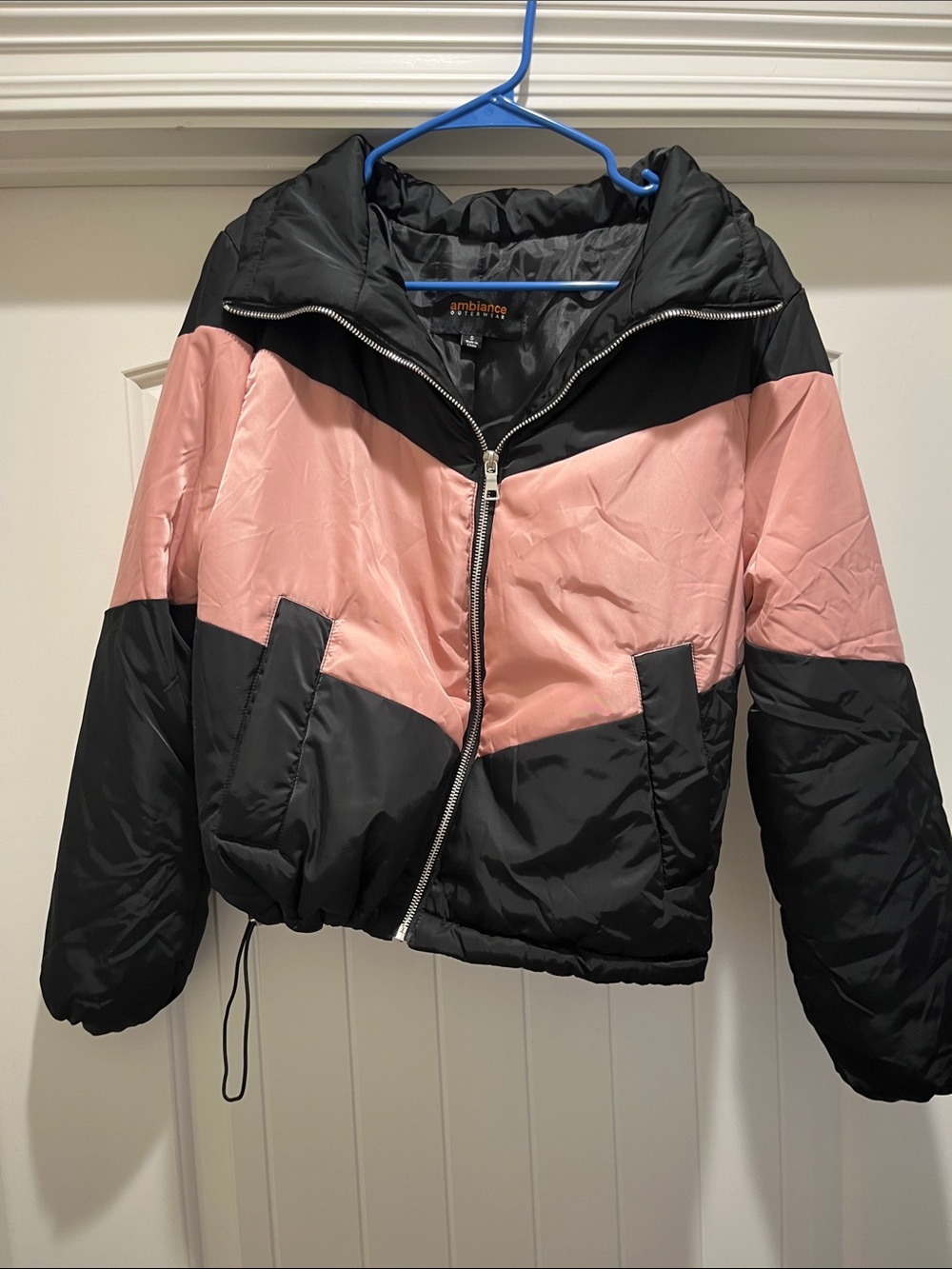 Ambiance Pink and Black Cropped Puffer Jacket